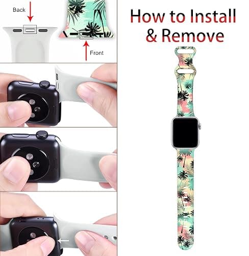 BACDOILQ Summer Watch Band Tropical Palm Tree Sea Turtle Smartwatch Bands Wristband Compatible with Watch 38mm 40mm 41mm Soft Silicone Strap Replacement for Series 8/7/6/5/4/3/2/1/SE thumbnail 4