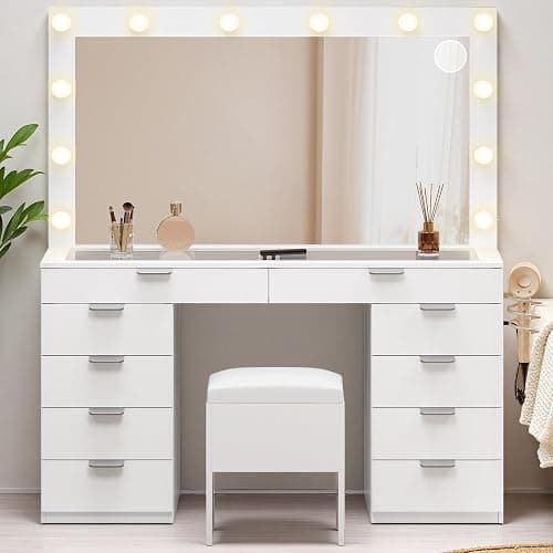 DWVO Vanity Desk Set with Mirror & Power Outlets, Vanity Table with Stool, 12 LED Bulbs, 3 Dimmable Light Colors, 10 Drawers, Hair Dryer Rack & Magnifying Mirror thumbnail 3