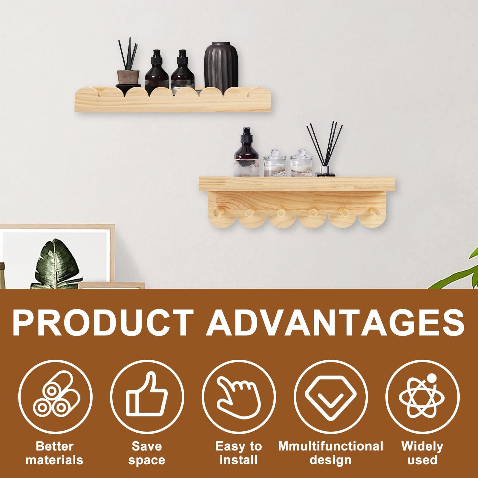 3Pcs Floating Wall Shelves, Scalloped Edge Wooden Shelves for Nursery & Toddler Room, Strong Load Bearing Storage Display Shelf for Living Room, Bedroom, Bathroom (Burlywood) thumbnail 3
