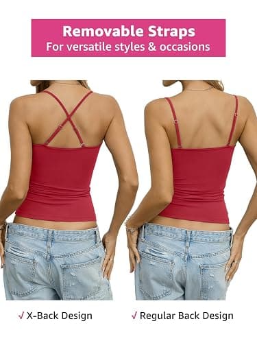 Eachyes Womens Adjustable Spaghetti Strap Tank Tops Fitted Camisole Shirts | Square Neck, Backless, Fitted, Sleeveless, Thin Strap, Cami Top, Undershirt, Basic, Cute Summer, Y2k, Casual, Going Out, Work thumbnail 4