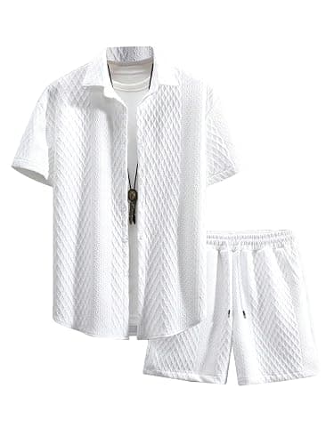 GORGLITTER Men's 2 Piece Outfits Waffle Knit Button Down Shirt Top and Shorts Set - Image 1