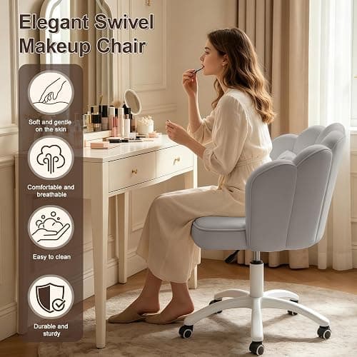 XUEGW Petal Desk Chair with Bow Cushion Velvet Vanity Chair with Wheels, Upholstered Home Office Chair for Girls Women, Mid-Back Swivel Computer Task Chairs for Living Room Bedroom thumbnail 3