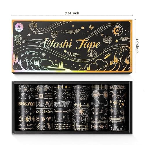 icceemee 36 Rolls Starry Theme Washi Tape Set with Celestial Patterns - Writeable Decorative Tapes for Scrapbooking, Junk Journal Supplies, Bullet Journaling 0.6" x 79" per Roll thumbnail 9