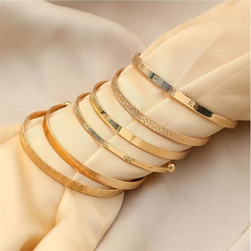CHICUTIE Gold Bangles Bracelets For Women, 14k Gold Plated Stackable Open Cuff Bracelet Set Charms Trendy Lightweight Elegance Minimalist Textured Boho Jewelry Gift for Women thumbnail 5