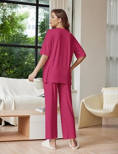 Ekouaer Lounge Sets for Women Short Sleeve Tops and Long Pants Soft Comfy Pajamas Set 2 Piece Outfits thumbnail 2