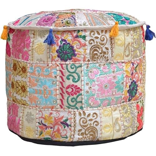 Aakriti Gallery Indian Pouf Footstool Ethnic Embroidered Pouf Cover - Cotton Round Pouffe Ottoman - Beige, 22x14 - Image 1