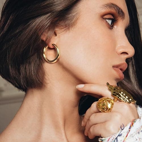 sovesi Chunky Gold Hoop Earrings for Women with 925 Sterling Silver Post, 14K Gold Plated Small Thick Gold Hoops Earrings for Women thumbnail 2