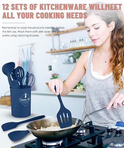 Kitchen Utensils Set-12 Pieces Silicone Cooking Utensils Set (Dishwasher Safe) 392°F Heat Resistant Spatula Set,Kitchen Utensil Set for Nonstick Cookware,Best Kitchen Tools with Holder thumbnail 4