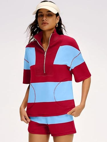 ANRABESS Striped Short Sets for Women 2 Piece Outfits Summer Casual Oversized Workout Athletisure Travel Lounge Matching Sets thumbnail 7