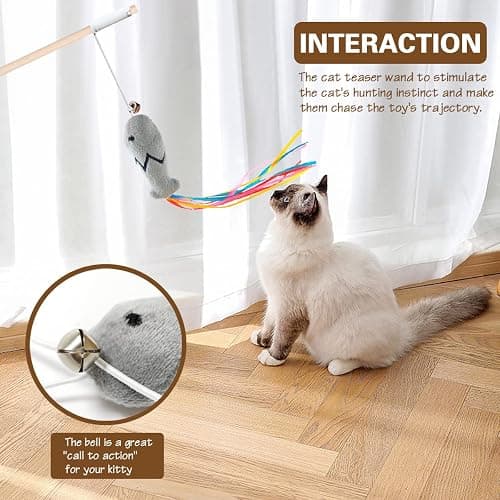 Natural Wood Cat Wand Toy with Ribbon Fish Teaser - 3pcs, 16 Inch, Indoor Cat Exerciser & Playing Kitten Toy, Bonus 5pcs Catnip Sticks for Teeth Cleaning thumbnail 6