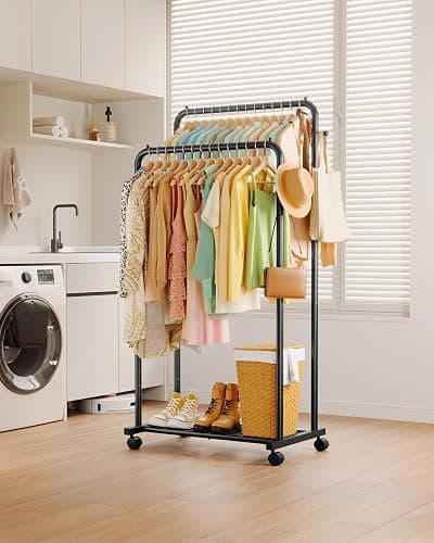 Sakugi Clothes Rack - Double Rods Clothing Rack with Mesh Shelf, Hooks & Wheels, Metal Clothing Racks for Hanging Clothes & Bags, Multifunctional Garment Rack for Laundry, Black, 28.7" x 16.5" x 59.1" thumbnail 2