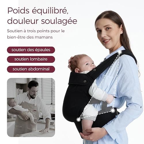 Momcozy Porte Bebe Ergonomique 100% Coton, Noir, 3–24 Mois, 3,2–20 kg | Porte-bébé physiologique, position M, tour de taille réglable de 64 à 127 cm, soutien dorsal en X et ceinture lombaire en EVA thumbnail 2