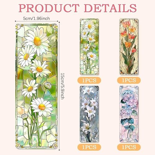 Zaamwoyy 4 Pcs Stained Glass Art Bookmarks for Reading Women, Flower Transparent PVC Bookmark with Tassels, Cute Book Accessories, Unique Book Marks for Bookish, Birthday Christmas Gift thumbnail 3