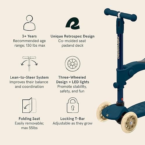 Retrospec Chipmunk Plus Kids’ Kick Scooter 3+ Years - Height Adjustable 3 Wheel Scooters - Learn to Steer, Foldable Seat, LED Lights, & No-Slip Deck - Navy thumbnail 2