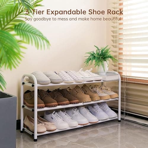 Gonfoam Shoe Rack for Closet, Expandable Shoe Organizer Storage Shelf, Adjustable Metal Free Standing Small Closet Shoe Rack for Entryway, Doorway (3-Tier White) thumbnail 3