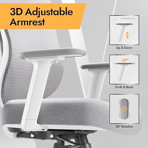 HOLLUDLE Silla de Oficina ergonómica con Soporte Lumbar 3D y reposabrazos 3D Ajustables – Diseño en Forma de V, Silla de Escritorio cómoda para Oficina y hogar, Blanca thumbnail 8