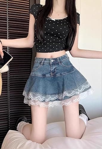 Y2K High Waist Denim Lace Mini Skirt for Women – Harajuku A-Line Ruffle Skater Skirt Kawaii Fairycore Style thumbnail 4