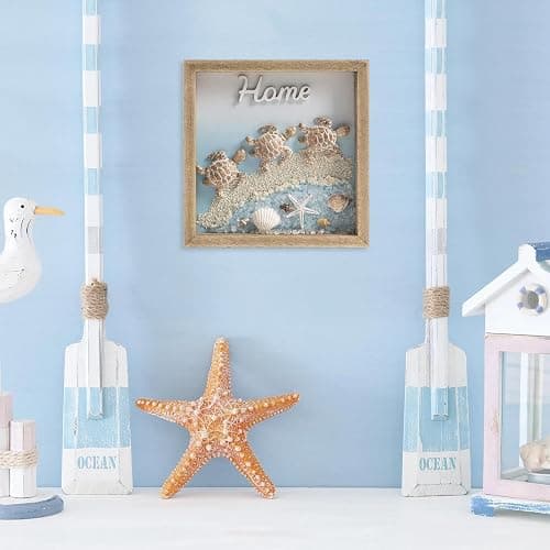 pechpell 3D Beach Wall Decor, 6" Wooden Framed Home Sign with Sea Turtle Starfish Seashell Conch, Summer Coastal Art Ocean Beachy Themed Room for Bathroom Bedroom Table Shelf Office Desk Decorations thumbnail 6