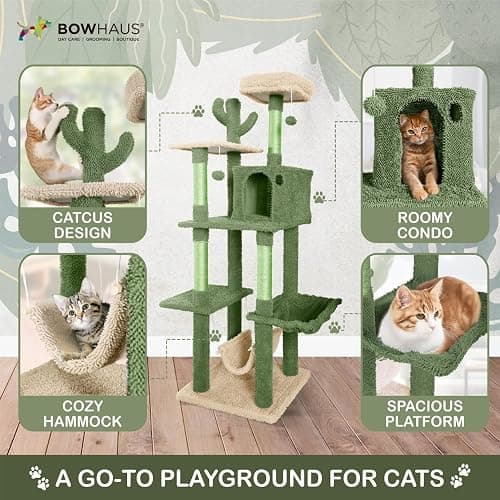 CAPHAUS Cactus Cat Tree for Indoor Cats, Cute 70-Inch Cat Climbing Play Tower with Top Perch for Large Cats Kittens, Multi-Level Cat Activity Tree with Scratching Posts, Hammock, Cat Cave Condo thumbnail 4