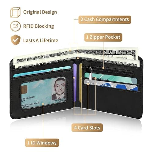 Teen Boys Cool Wallet-Men Mens Men'S Funny Leather Credit Id Card Cash Holder Man Black Rfid Blocking Zipper Wallets With Coin Pocket Id Window Aesthetic Teen Boy Male Youth Guys thumbnail 4