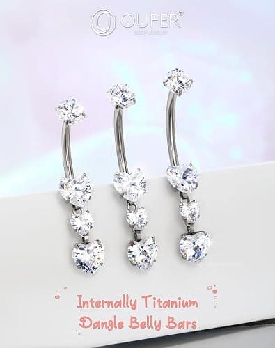 OUFER Titanium Belly Button Rings, Heart Belly Rings Dangling, Internally Threaded Belly Button Piercings, Long Dangle Navel Piercing Jewelry, Belly Rings for Women thumbnail 3