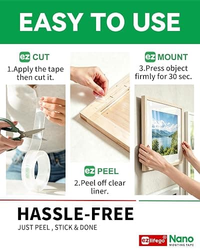 EZlifego Heavy Duty Invisible Bond Nano Double Sided Mounting Tape, 9.85FT | Nano-Tech, Holds up to 72 lbs, All-Purpose, Instant Hold, Industrial-Strength Adhesive, Indoor & Outdoor Decor,Back to School thumbnail 6