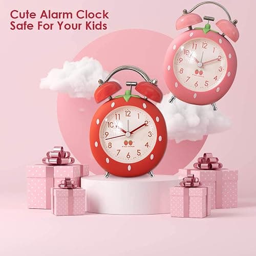 N0 Strawberry Alarm Clock for Kids, Cute Alarm Clock for Heavy Sleepers with Backlight,Loud Twin Bell Alarm Clock for Bedroom Decoration (Pink) thumbnail 6