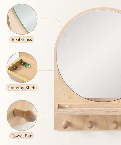 Maxpeuvon Nursery Wall Shelf with Mirror, Natural Wood Boho Arch Design | 14 x 18 Inch Wall Mounted Organizer and Decor for Nursery, Kids Room, Living Room, Entryway and Bathroom thumbnail 7