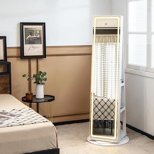LOKO 360° Swivel Jewelry Cabinet with 3-color LED Lights, Lockable Jewelry Armoire Organizer with Full-Length Mirror, Makeup Mirror & Foldable Makeup Shelf, for Girl Women, Gift (White) thumbnail 4