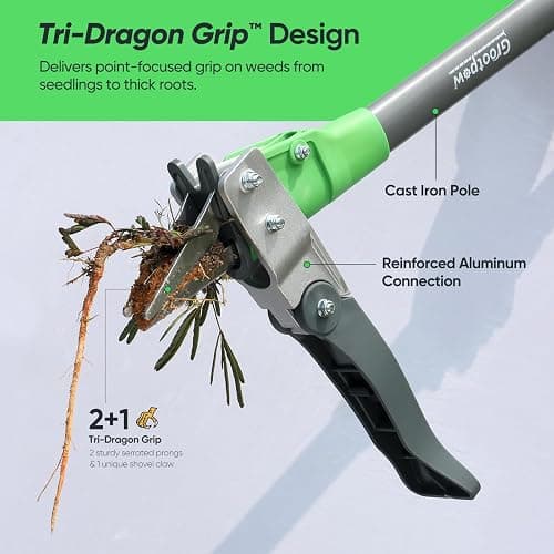 Grootpow WP5 Heavy Duty Weed Puller Tool, Stand Up Dandelion Weeder with 40" Handle, 3 Claws & Fiberglass Foot Pedal, Weeding Tool Made with Cast-Iron, Easily Remove Weeds Without Bending or Kneeling thumbnail 4