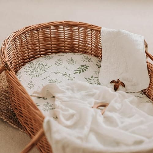 Muslin Bassinet Fitted Sheets, 2 Pack for Baby Boy and Girl, Soft Breathable Stretchy Baby Pad/Mattress Sheet Set, Universal Fit for Hourglass Oval and Rectangle Bassinet Mattress (Natural Leaves) thumbnail 4