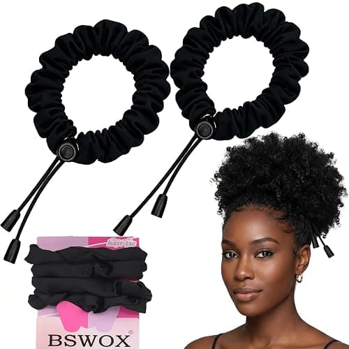 2 Pcs Adjust Satin Hair Tie, Satin Scrunchies for Women Girls, Adjustable Hair Ties for 4c Girlie Thick Curly Natural Hair, No Damage Hair Accessories for Afro Puff Loc Ponytails (black) - Image 1
