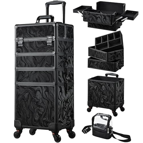 Stagiant Rolling Makeup Case 4 in 1 Cosmetology Case on Wheels Makeup Travel Case with Cosmetic Bag Key Swivel Wheels Salon Barber Case Traveling Cart Trunk Cosmetic Trolley Alpine Black - Image 1