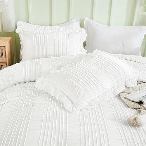 WONGS BEDDING White Queen Comforter Set,Boho Ruffle Comforter for Queen Bed,Soft Seersucker Shabby Chic Bedding Set with 1 Comforter,2 Tufted Pillowcases 90"×90" thumbnail 6