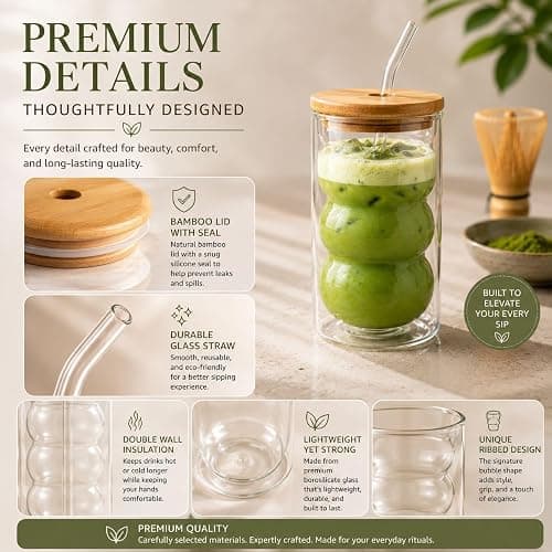 HAPPY PATH & CO. 2 Double Wall Glass Cups with Lids and Straws 16oz (480ml) - Glasses Drinking Set | Glass Tumbler with Bamboo Lid | Ribbed Bubble Glass Cups for Matcha, Coffee and Other Smoothies thumbnail 6