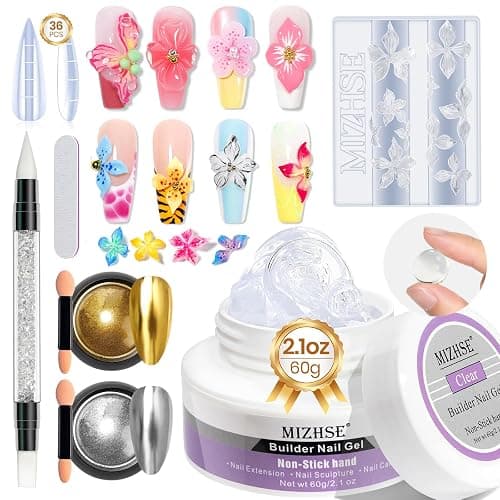 MIZHSE 3D Gel Nail Art Sculpting Gel, 60g Large Capacity Non-Sticky Clear Solid Builder Gels for Nails, Molding Hard Gels for Nail Art Charms, U V LED, with Gold Chrome Powder & Silicone Flower Mold - Image 1