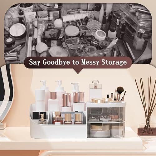 Makeup Organiser, Large Capacity Cosmetic Organisers for Beauty Skincare Jewelry, Make Up Storage Cosmetic Dressing Table Organiser Makeup Box with Drawer for Bedroom Bathroom Dresser Office (White) thumbnail 7