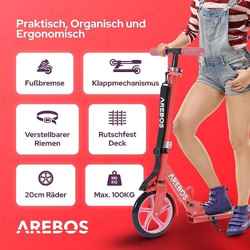 Arebos Cityroller Tretroller Scooter höhenverstellbar | klappbar | inkl. Traggurt | XXL Räder | Tritt-Bremse | für Kinder und Erwachsene | bis 100kg belastbar | Kickroller | Kickscooter thumbnail 4