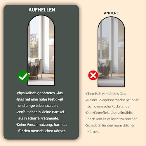 AUFHELLEN Bogen Ganzkörperspiegel 165x60cm, Gewölbter Spiegel mit Schwarz Metallrahmen Standspiegel HD Groß Bodenspiegel Wandspiegel mit Haken für Wohn-, Schlaf- und Ankleidezimmer Spiegel thumbnail 6