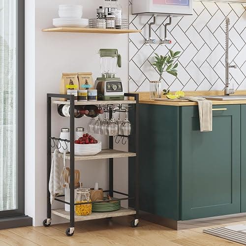 TUTOTAK Bar Cart, Home Bar Serving Cart, Small Wine Cart with 3-Tier Shelf, Beverage cart, Drink Cart with Wine Rack and Glass Holder, Rolling bar carts for The Home, Living Room, Greige BC01BG035 thumbnail 5