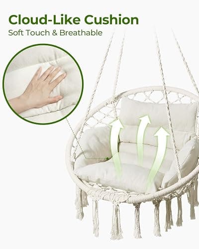 Greenstell Hammock Chair, Macrame Swing Chair with Comfy Cushion, Boho Hanging Chair for Outdoor & Indoor, Perfect for Bedroom, Patio, Balcony, Hold up to 330Lbs, Beige thumbnail 4