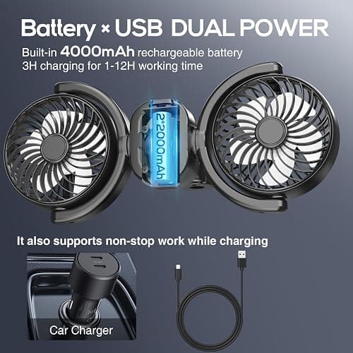 Dealswin Rechargeable Car Fan for Backseat Kids Baby, Battery and USB Dual Power Car Fans, Powerful 3 Speeds 360° Rotatable Dual Head Cooling Car Seat Fan for Sedan SUV RV Truck Vehicle thumbnail 2