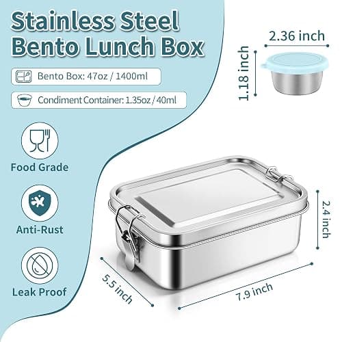 TeamFar Stainless Steel Bento Box, 47oz/1400ml Metal Lunch Box with Condiment Container for Adults/Kids, 3 Compartment Food Storage Container for School/Work, Leak-Proof & Dishwasher Safe, Blue thumbnail 2