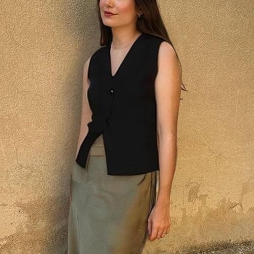 FindThy Women’s Cropped Knit Vest V Neck Button Up Solid Color Sleeveless Gilet Tank Tops thumbnail 4