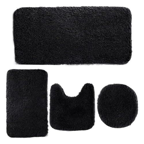 m0p6uh6k Bathroom Rug Sets 4 Piece Non Slip, Toilet Lid Cover and Contour Mat, Bath Mats Shower Mats Bath Rug Mat for Tub Toilet Bathroom (Black) thumbnail 4