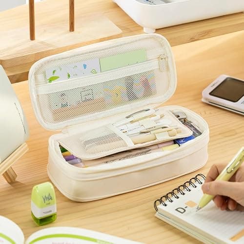 EASTHILL Big Capacity Pencil Case Large Pencil Pouch Stationery Pen Bag for Teen Girls-Cream thumbnail 2