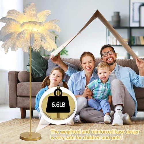 rzoizwko Feather Floor Lamp for Living Room,Standing Lamps Ostrich Feather for Bedroom,White Modern Office Lamps with LED Bulb 3 Color,160cm Tall Floor Light Dimmable with Foot Switch (White) thumbnail 6