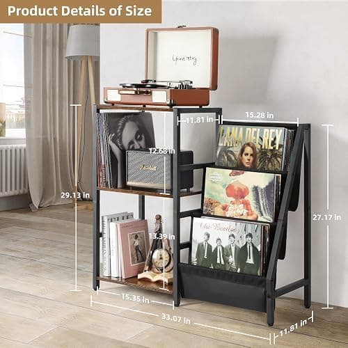 Bikoney Record Player Stand, Turntable Stand with 3-Tier Vinyl Record Storage, Record Player Table 200 Albums, End Table with Vinyl Display Holder Shelf, Record Player Cabinet Media Console for Stereo thumbnail 3