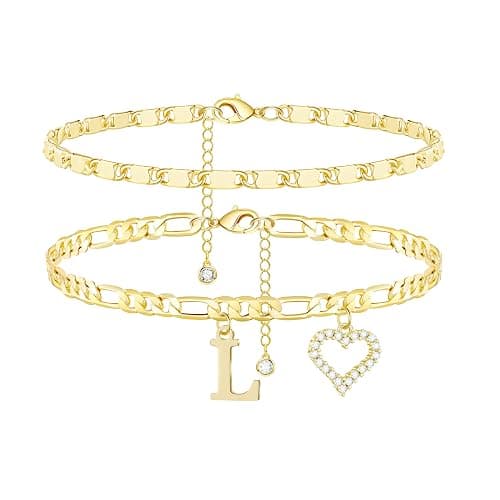 Wremily Initial Ankle Bracelets for Women Waterproof 14K Gold Plated Dainty Layered Figaro Chain Letter Initial CZ Heart Ankle Bracelets Set Summer Beach Jewelry for Women - Image 1