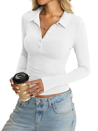 Womens Cotton Polo Collared Shirt Long Sleeve Sexy Deep V Neck Top Button Up Slim Fitted Tee Business Casual Outfit thumbnail 3